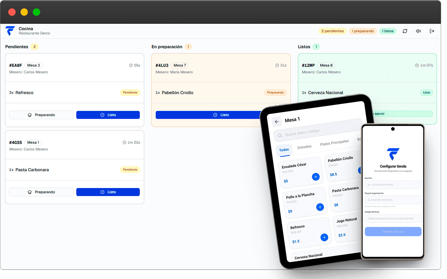 Dashboard de Flink POS mostrando mesas y pedidos en tiempo real